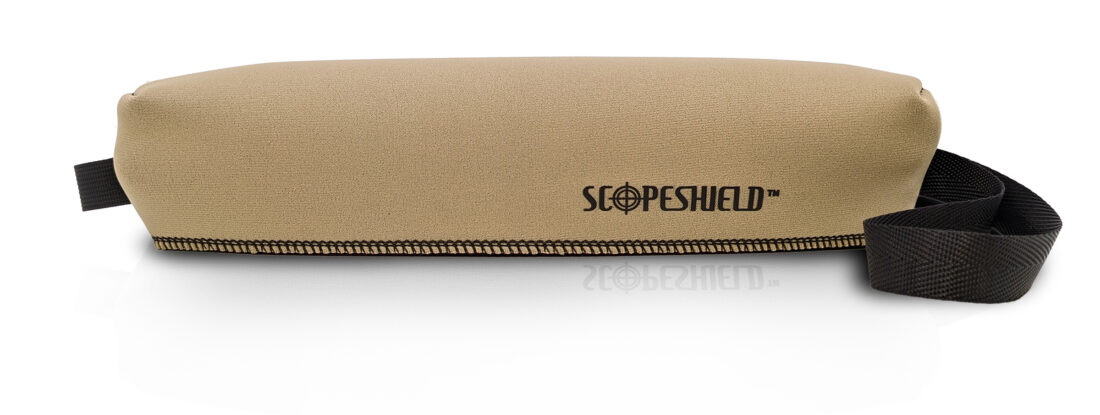 A neoprene scope cover in desert sand by ScopeShield