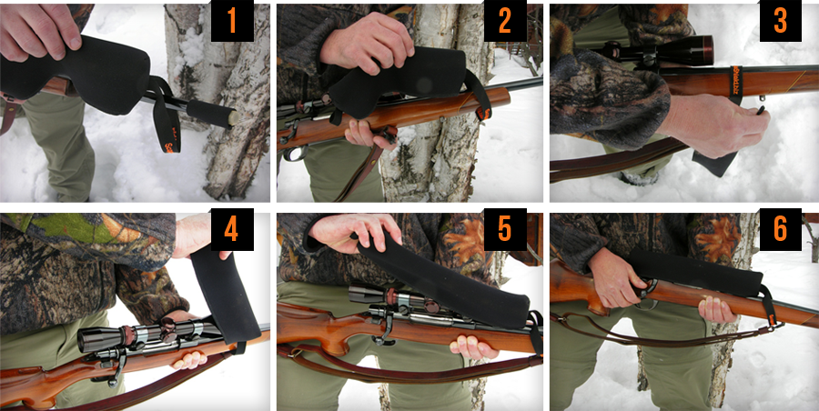 Six-step instructional guide demonstrating how to install and stretch a ScopeShield neoprene rifle scope cover over a bolt-action rifle with optics.
