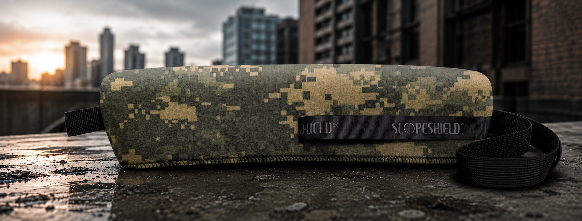 ScopeShield digital camouflage rifle scope cover displayed on an urban tactical rooftop setting